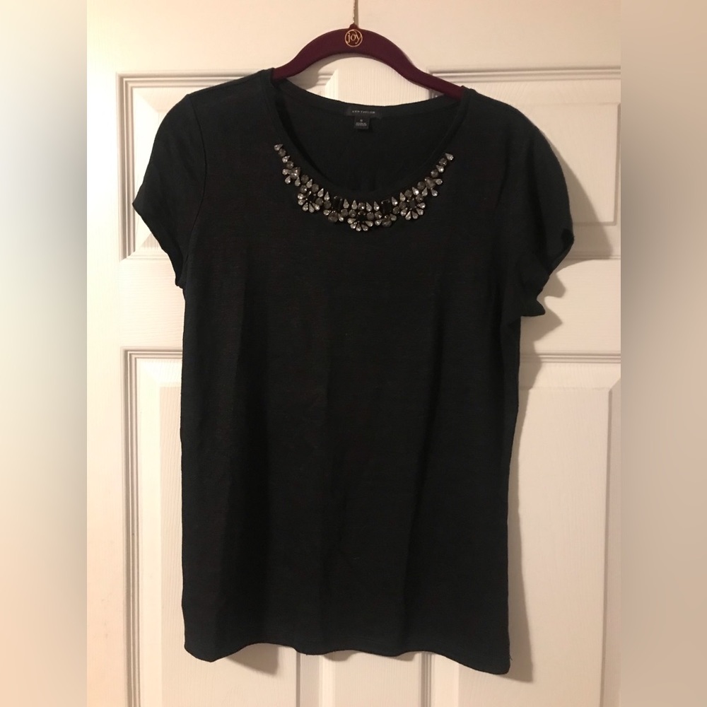 Ann Taylor Embellished Short Sleeve Top Black Womens Small